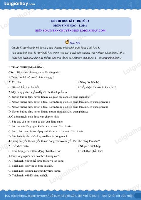 Đề số 12 - Đề kiểm tra học kì 1 - Sinh học 8